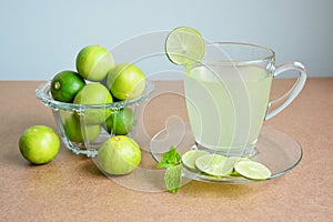 Lemon juice, Lime juice and limes in glass bowl.