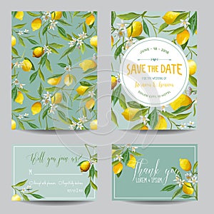 Lemon, Leaves and Flowers. Wedding Card. Invitation card