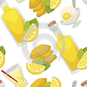 Lemon and lemonade, oil in glass bottle seamless pattern