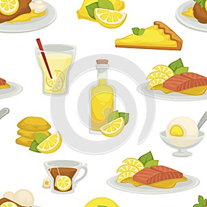 Lemon and lemonade, oil in glass bottle seamless pattern isolated on white background vector.