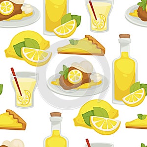 Lemon and lemonade, oil in glass bottle seamless pattern isolated on white background vector.