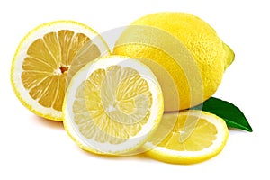 Lemon and lemons slices on white