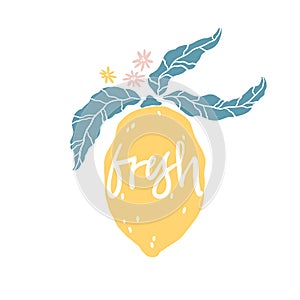 Lemon lettering inscribed in silhouette. Vector hand drawn citrus fruit with leaves and flowers. Cartoon doodle