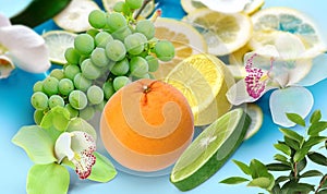 Lemon lime grape orange and ananas with  orchids flowers but on blue  white yellow background fruite leaves  berry  copy space tem