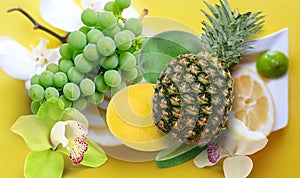 Lemon lime grape orange and ananas with  orchids flowers but on blue  white yellow background fruite leaves  berry  copy space tem