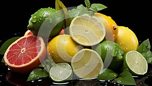 Lemon, lime, grapefruit, slice, organic, healthy eating, refreshing, vibrant, mint leaf, juicy generated by AI