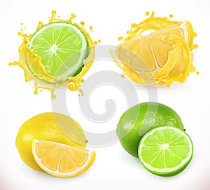 Lemon and lime juice. Fresh fruit, vector icon