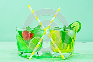 Lemon lime and mint drink cocktail with straw