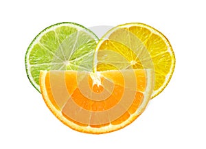 Lemon, lime and orange slices isolated on white