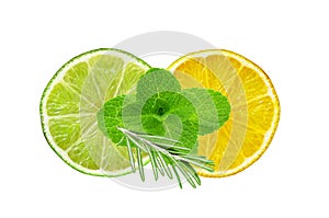 Lemon and lime slices, mint and rosemary herb isolated on white