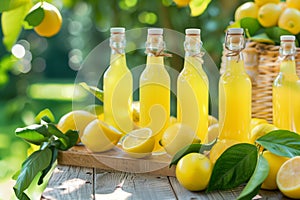 Lemon liqueur in glass bottles and ripe yellow lemons.