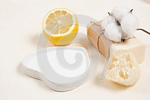 Lemon, luffa, soap and baking soda for house keeping