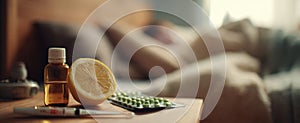 The lemon and medicine on a bedside table for home recovery. AI generated image