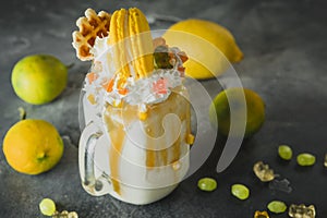 Lemon milkshake drink with whipped cream, dripping sauce and yellow macaroon