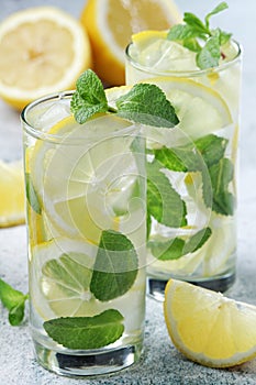 Lemon and mint drink with ice cubes