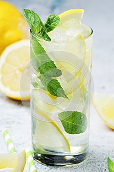 Lemon and mint drink with ice cubes