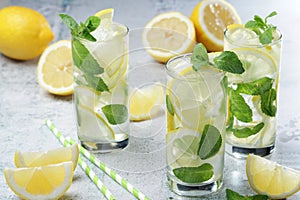 Lemon and mint drink with ice cubes