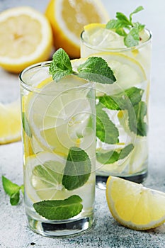 Lemon and mint drink with ice cubes