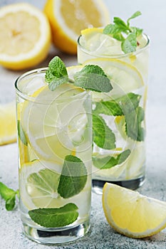 Lemon and mint drink with ice cubes