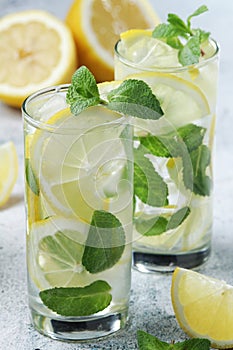Lemon and mint drink with ice cubes