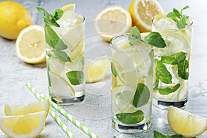 Lemon and mint drink with ice cubes