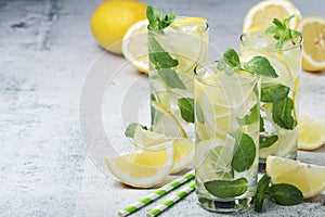 Lemon and mint drink with ice cubes