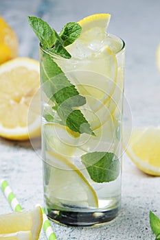 Lemon and mint drink with ice cubes