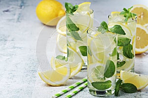 Lemon and mint drink with ice cubes