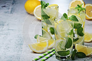 Lemon and mint drink with ice cubes