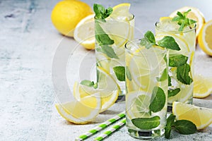 Lemon and mint drink with ice cubes