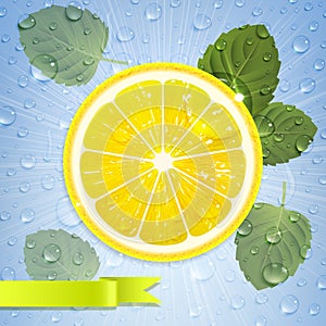 Lemon with Mint Leaves and Water Drops