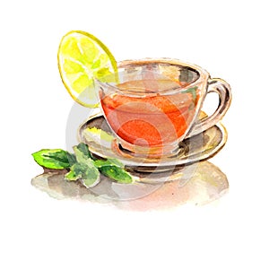 Lemon mint tea in transparent glass cup. Hand drawn watercolor illustration.