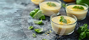Lemon mousse in glass bowls with basil garnish on a marble counter, a refreshing dessert