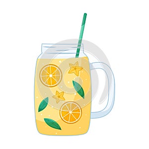 Lemon, orange citrus drink in a transparent glass jug with a straw and slices of exotic fruit. Summer and healthy