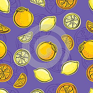 Lemon and orange seamless on violet background.