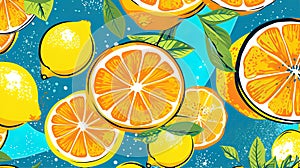 Lemon and orange slices illustrated background. Generative Ai illustration