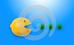 Lemon Pacman eating viruses or bacterias on blue background