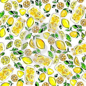 Lemon pattern, with jars and leaves. Designed for teatowel, wrapping paper, tableclothes or jam jar packaging. photo