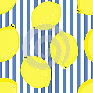 Lemon pattern. Summer fruit vector illustration on blue stripped background.