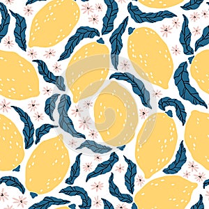 Lemon pattern. Vector seamless background with hand drawn citrus fruits and flowers. Cartoon illustration in simple flat