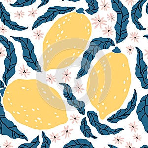 Lemon pattern. Vector seamless background with hand drawn citrus fruits and flowers. Cartoon illustration in simple flat