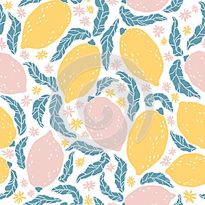Lemon pattern. Vector seamless background with hand drawn citrus fruits and flowers. Cartoon illustration in simple flat