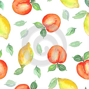 Lemon and peach watercolor vector seamless pattern