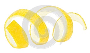 Lemon peel isolated on white background, close-up. Lemon twist or lemon zest