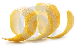 Lemon peel or lemon twist on white background. Close-up.