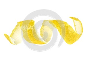 Lemon peel or lemon twist on white background, close up