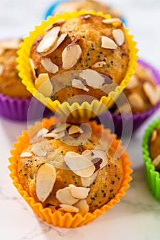 Lemon poppy seed muffins garnished with almond slivers