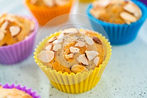 Lemon poppy seed muffins garnished with almond slivers