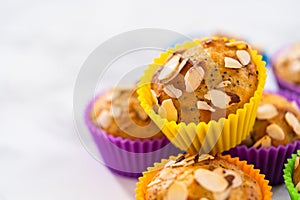 Lemon poppy seed muffins garnished with almond slivers