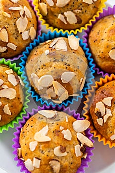 Lemon poppy seed muffins garnished with almond slivers